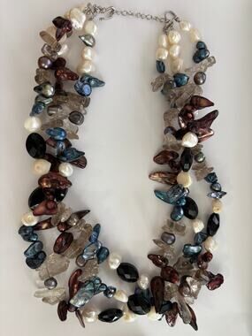Cultured Freshwater Keshi Pearls Rock Crystal Blue Brown Multi Strand Torsade